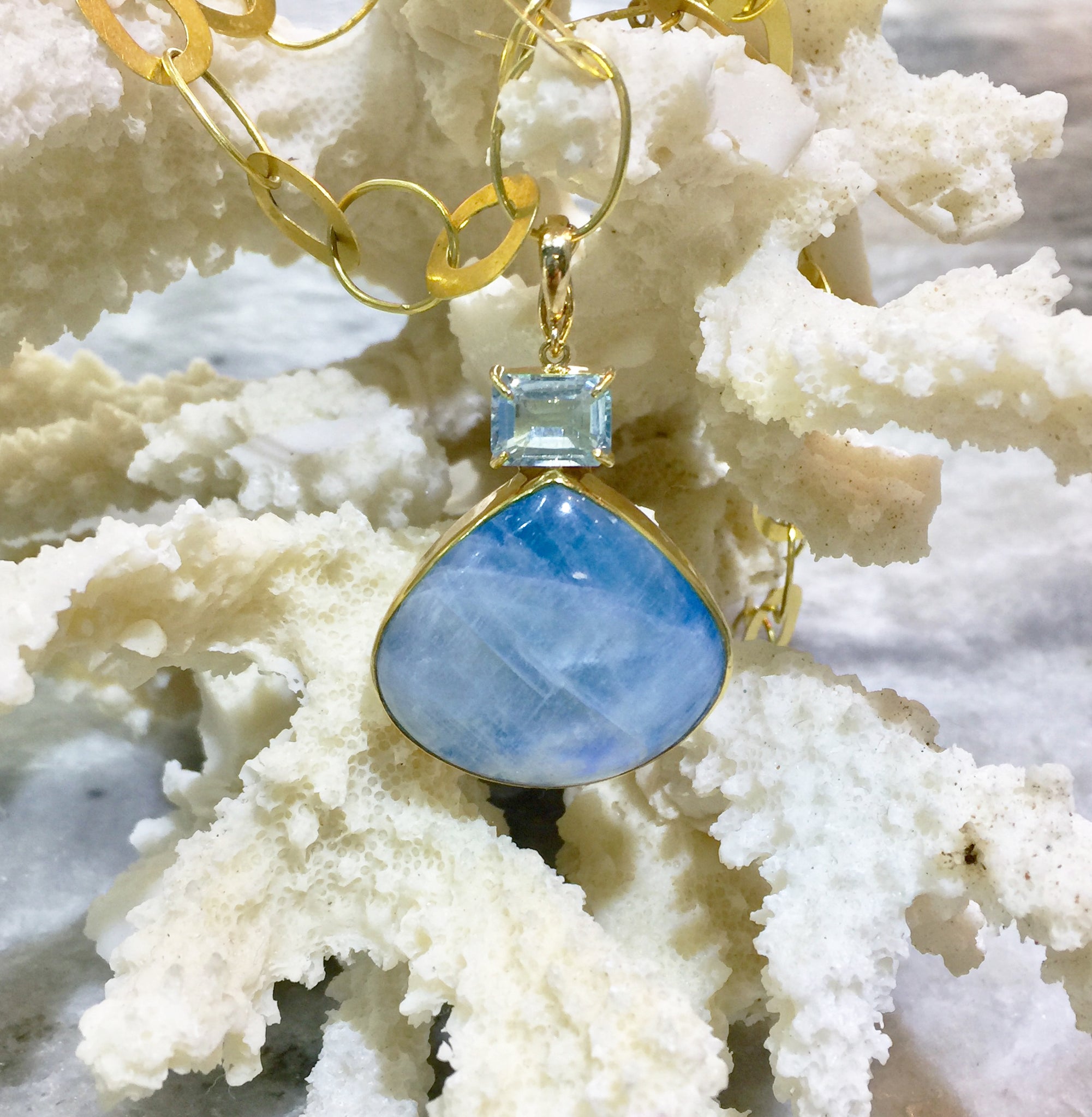 PP 362A Pendant Moonstone and aquamarine bezel set In 18k gold