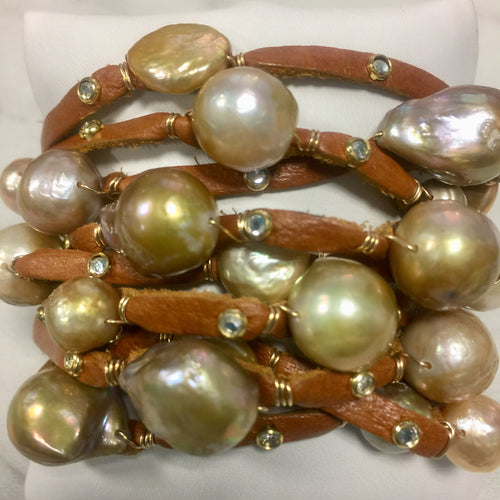 FLB-014 Bracelet:  Multi-strand leather cuff with gold Edison pearls