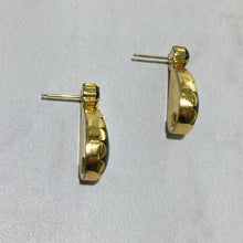 Load image into Gallery viewer, PE-343A Earrings:  Bezel-set labradorite, and blue topaz on post, 18k gold