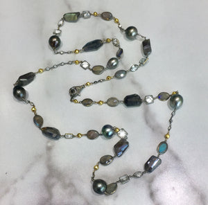 PN-343B Necklace:  36" 18K white gold, Tahitian pearls, white sapphires, labradorite