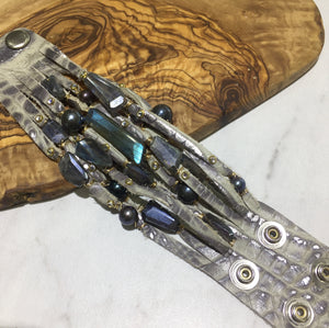 FLB-012 Bracelet:  Multi-strand leather cuff with labradorite and Tahitian pearls