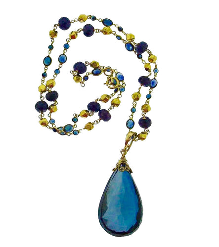 Enhancer / Pendant large faceted London blue topaz drop in 18k gold