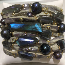 Load image into Gallery viewer, FLB-012 Bracelet:  Multi-strand leather cuff with labradorite and Tahitian pearls