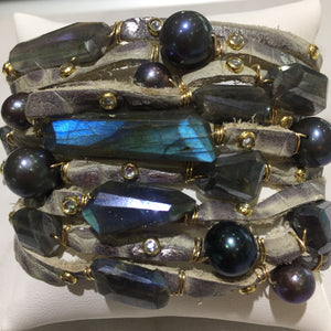 FLB-012 Bracelet:  Multi-strand leather cuff with labradorite and Tahitian pearls
