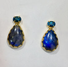 Load image into Gallery viewer, PE-343A Earrings:  Bezel-set labradorite, and blue topaz on post, 18k gold