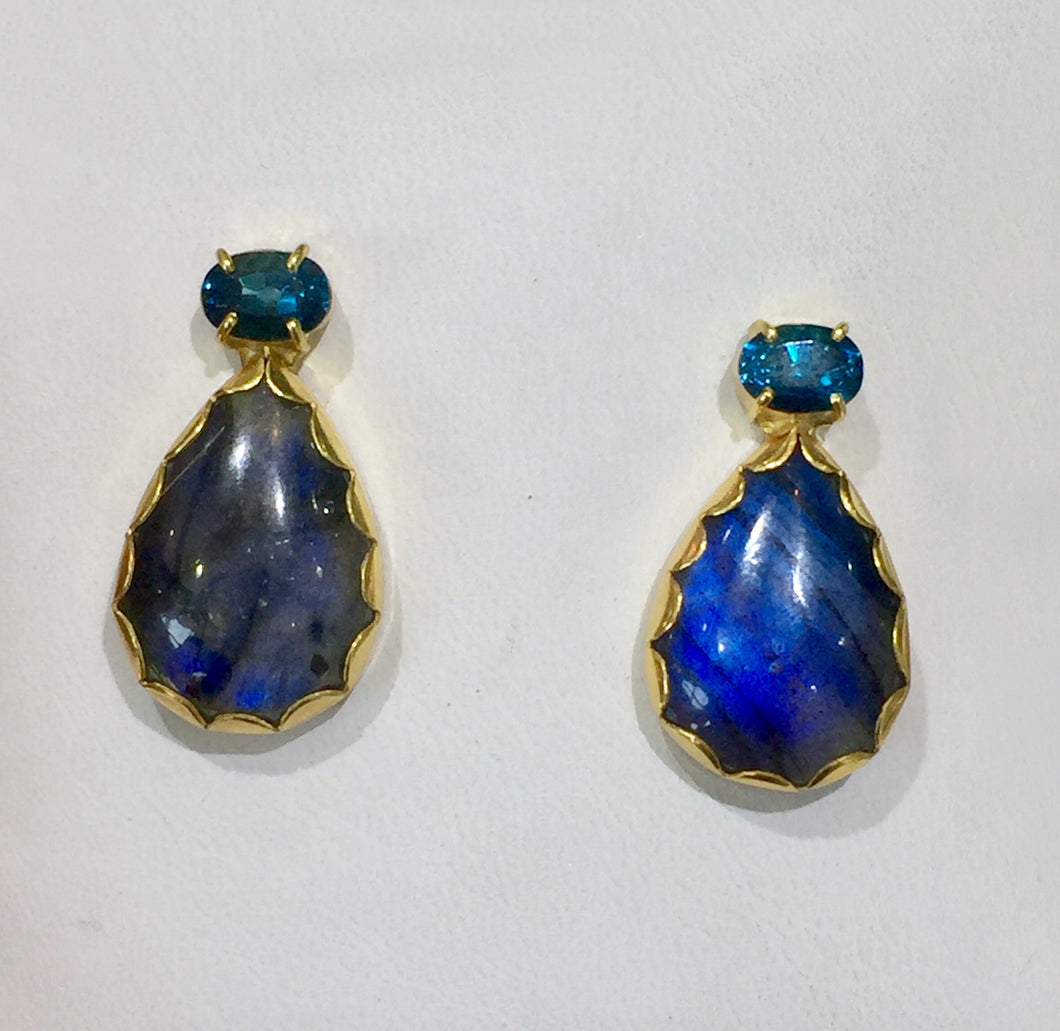 PE-343A Earrings:  Bezel-set labradorite, and blue topaz on post, 18k gold