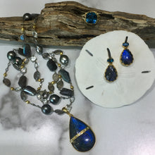 Load image into Gallery viewer, PE-343A Earrings:  Bezel-set labradorite, and blue topaz on post, 18k gold