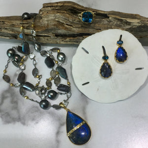 PE-343A Earrings:  Bezel-set labradorite, and blue topaz on post, 18k gold