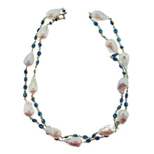 Load image into Gallery viewer, Long blue sapphire and baroque pearl necklace in 18k gold