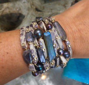 FLB-012 Bracelet:  Multi-strand leather cuff with labradorite and Tahitian pearls