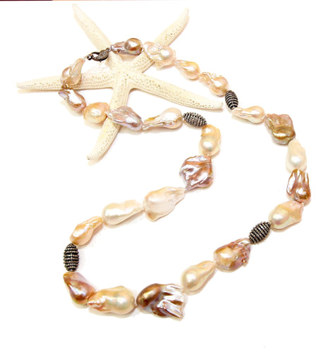 Jumbo baroque fireball pearls with diamonds, 36”